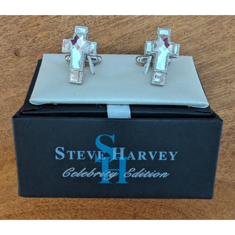 Steve Harvey Cross Design Cufflinks Silver Beveled Mirror French Cuffs New